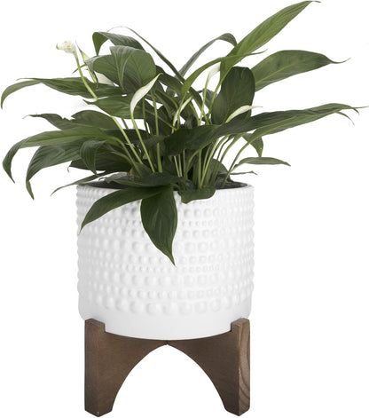 Ceramic Planter with Wood Stand - 8 Inch White Cylinder Embossed Hobnail Patterned Flower Plant Pot Indoor