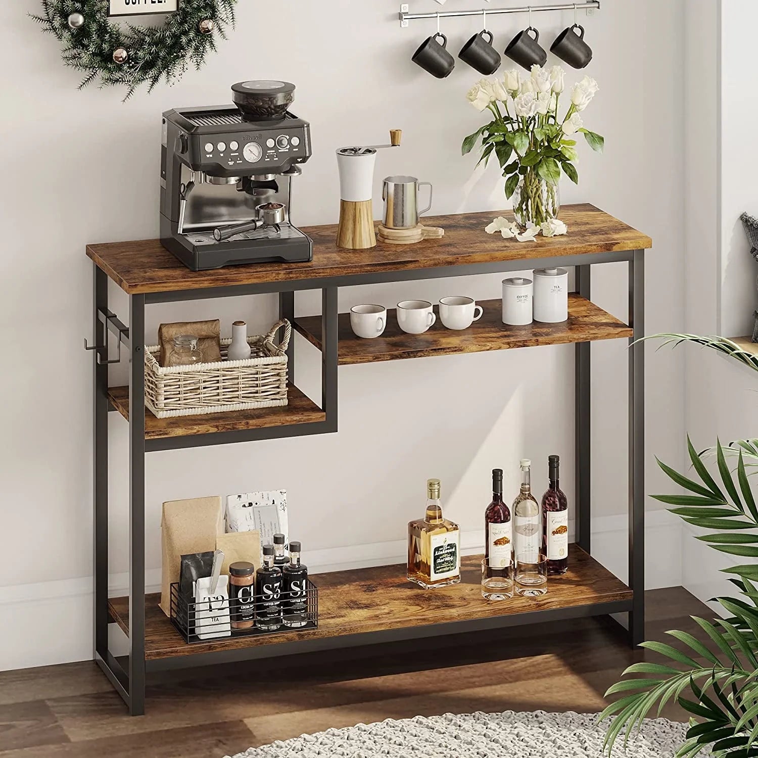 Narrow Console Table, Rustic with 4 Storage Shelves and 2 Hooks, Perfect for Living-Rooms and Hallways