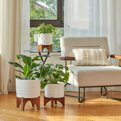 Ceramic Planter with Wood Stand - 8 Inch White Cylinder Embossed Hobnail Patterned Flower Plant Pot Indoor