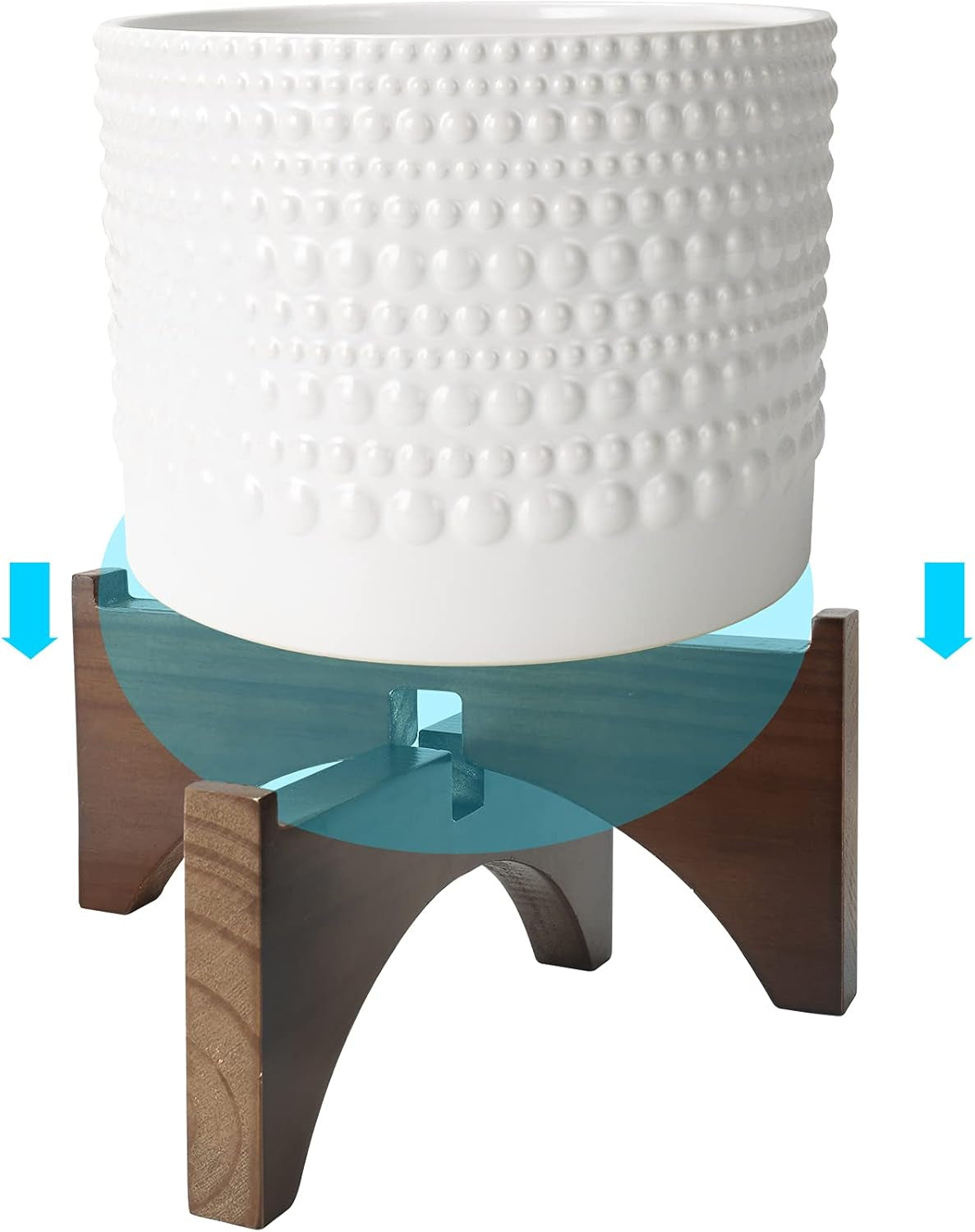 Ceramic Planter with Wood Stand - 8 Inch White Cylinder Embossed Hobnail Patterned Flower Plant Pot Indoor