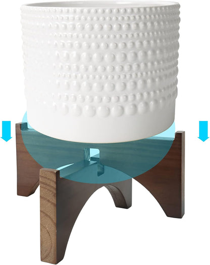 Ceramic Planter with Wood Stand - 8 Inch White Cylinder Embossed Hobnail Patterned Flower Plant Pot Indoor
