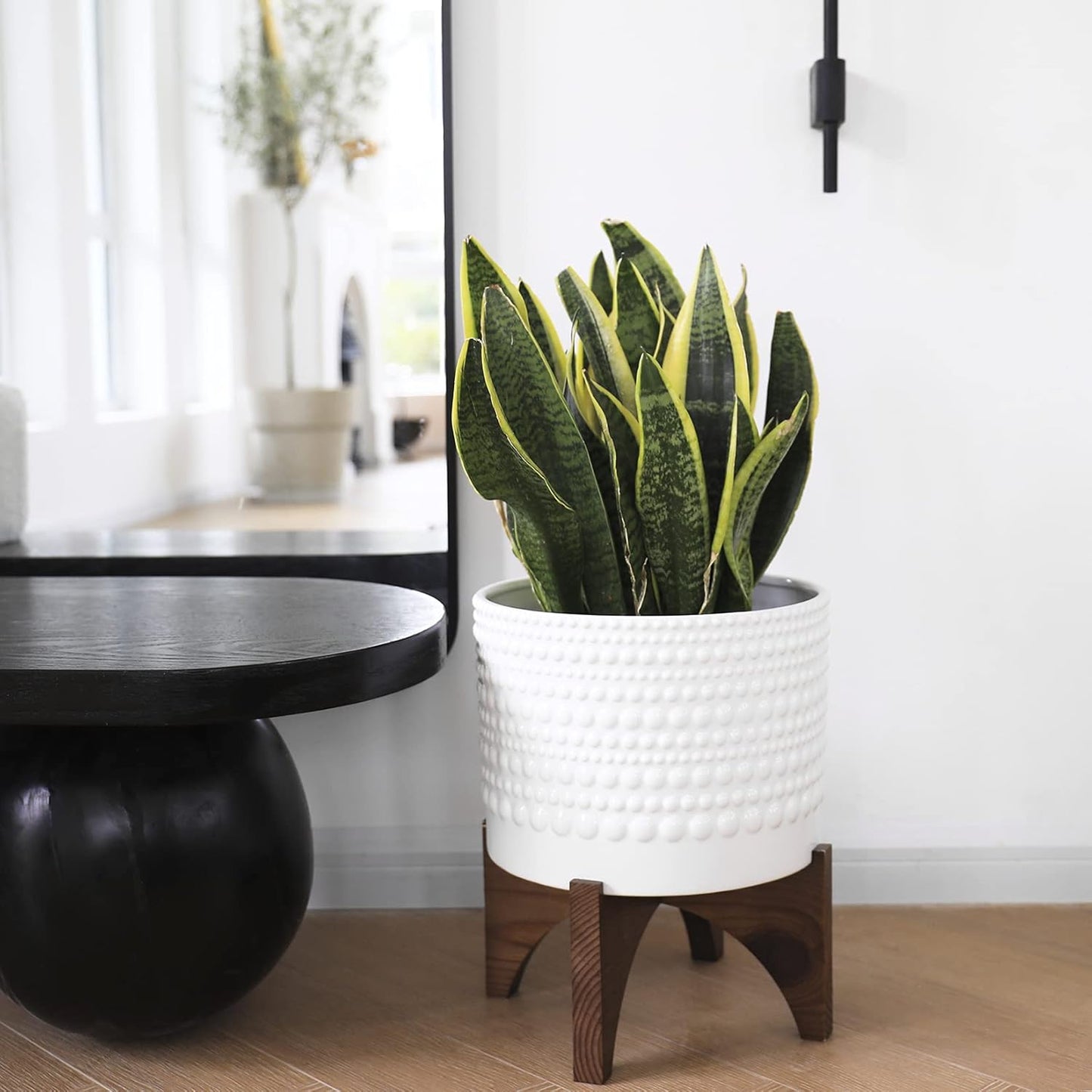 Ceramic Planter with Wood Stand - 8 Inch White Cylinder Embossed Hobnail Patterned Flower Plant Pot Indoor