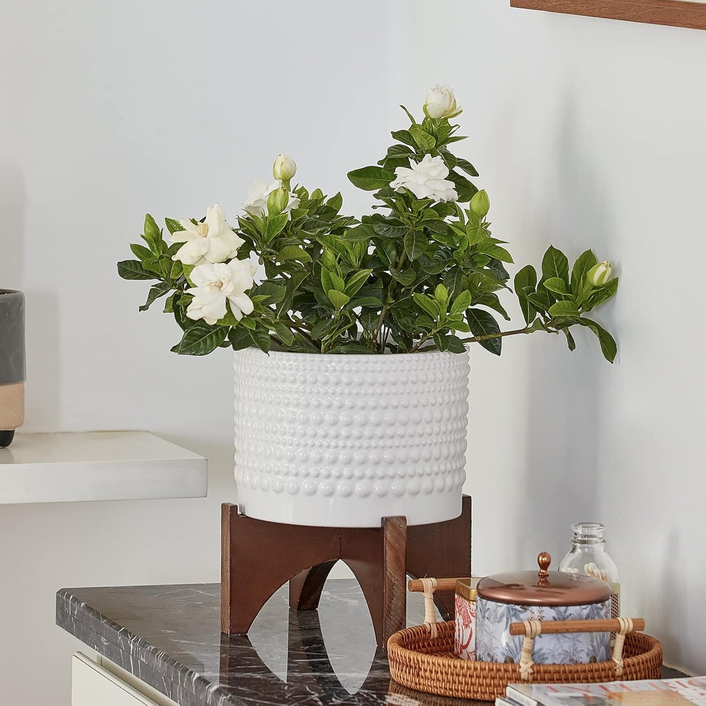 Ceramic Planter with Wood Stand - 8 Inch White Cylinder Embossed Hobnail Patterned Flower Plant Pot Indoor