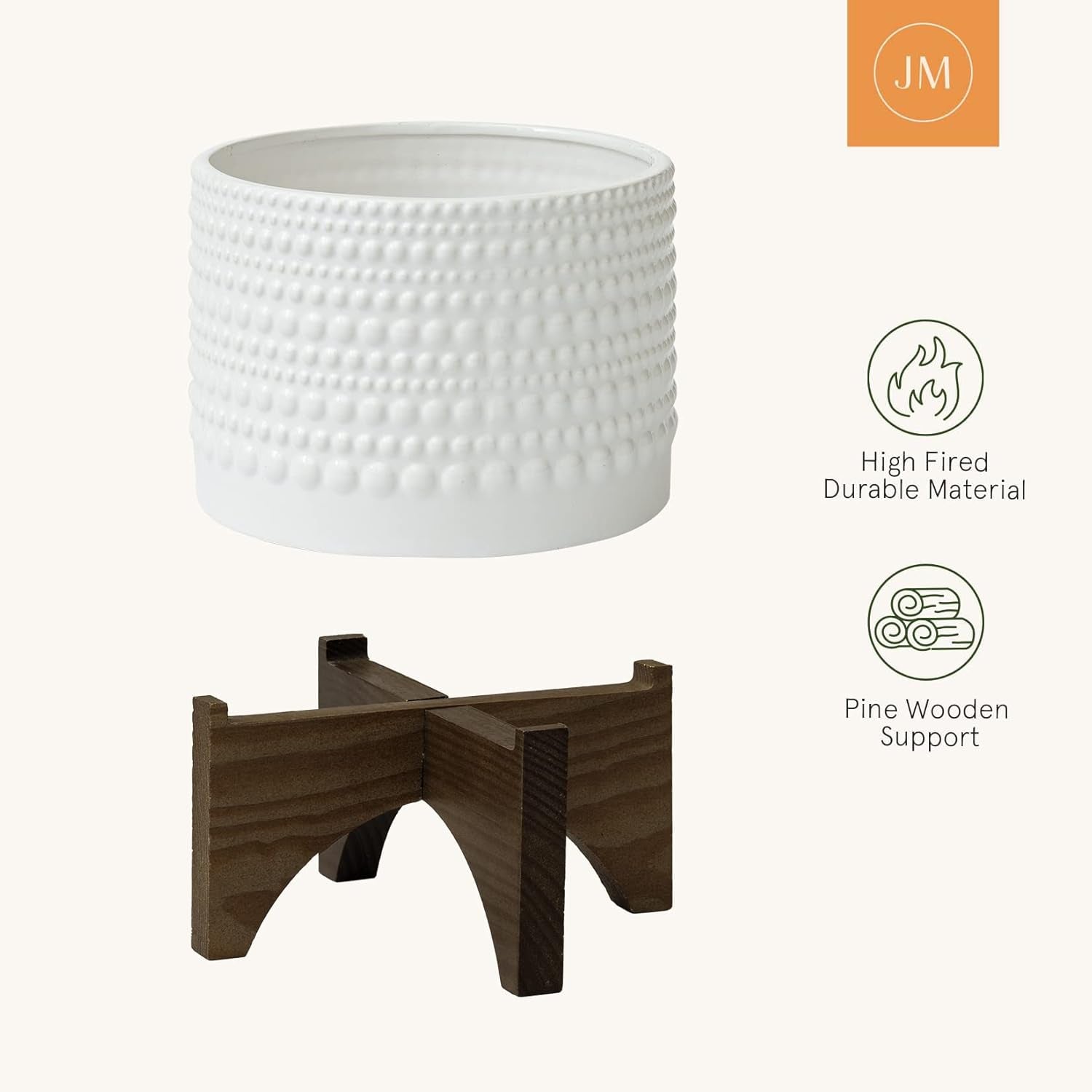 Ceramic Planter with Wood Stand - 8 Inch White Cylinder Embossed Hobnail Patterned Flower Plant Pot Indoor