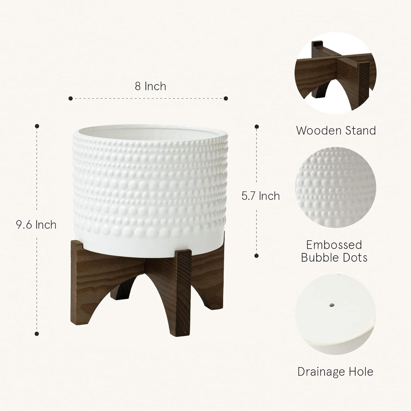 Ceramic Planter with Wood Stand - 8 Inch White Cylinder Embossed Hobnail Patterned Flower Plant Pot Indoor