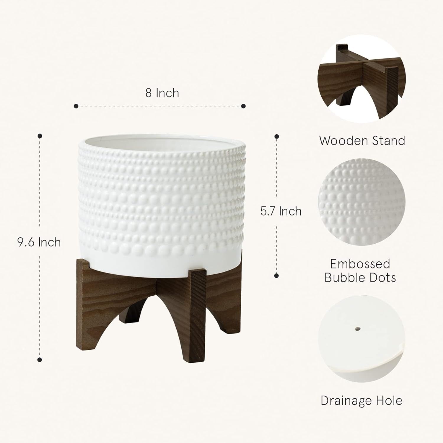 Ceramic Planter with Wood Stand - 8 Inch White Cylinder Embossed Hobnail Patterned Flower Plant Pot Indoor